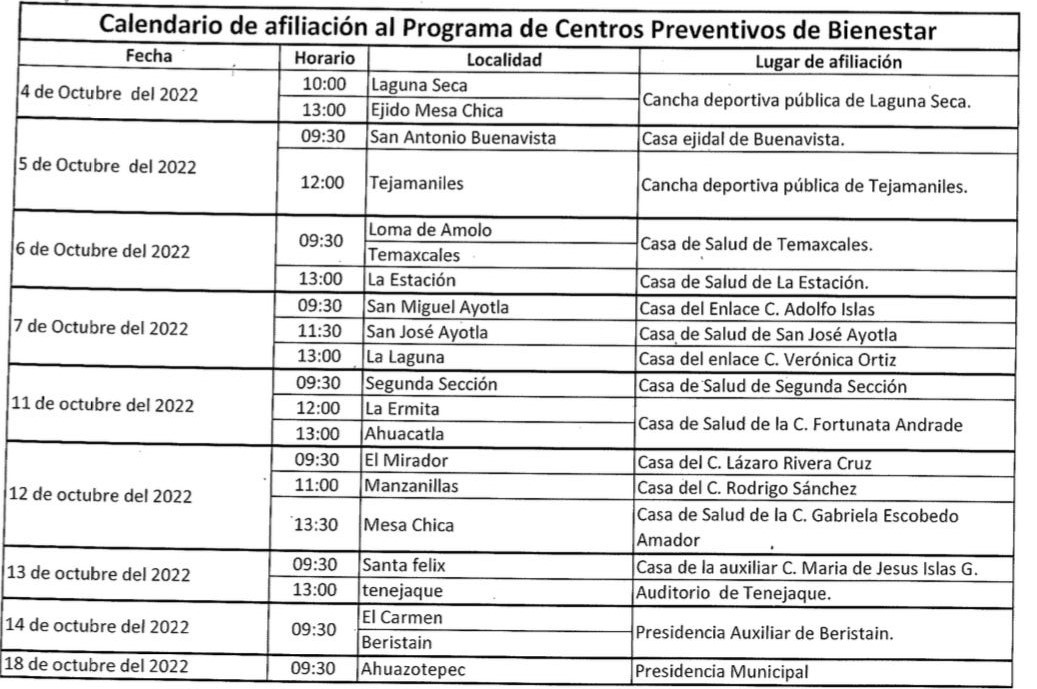 CALENDARIO DE AFILIACIÓN AL PROGRAMA DE CENTROS PREVENTIVOS DE BIENESTAR